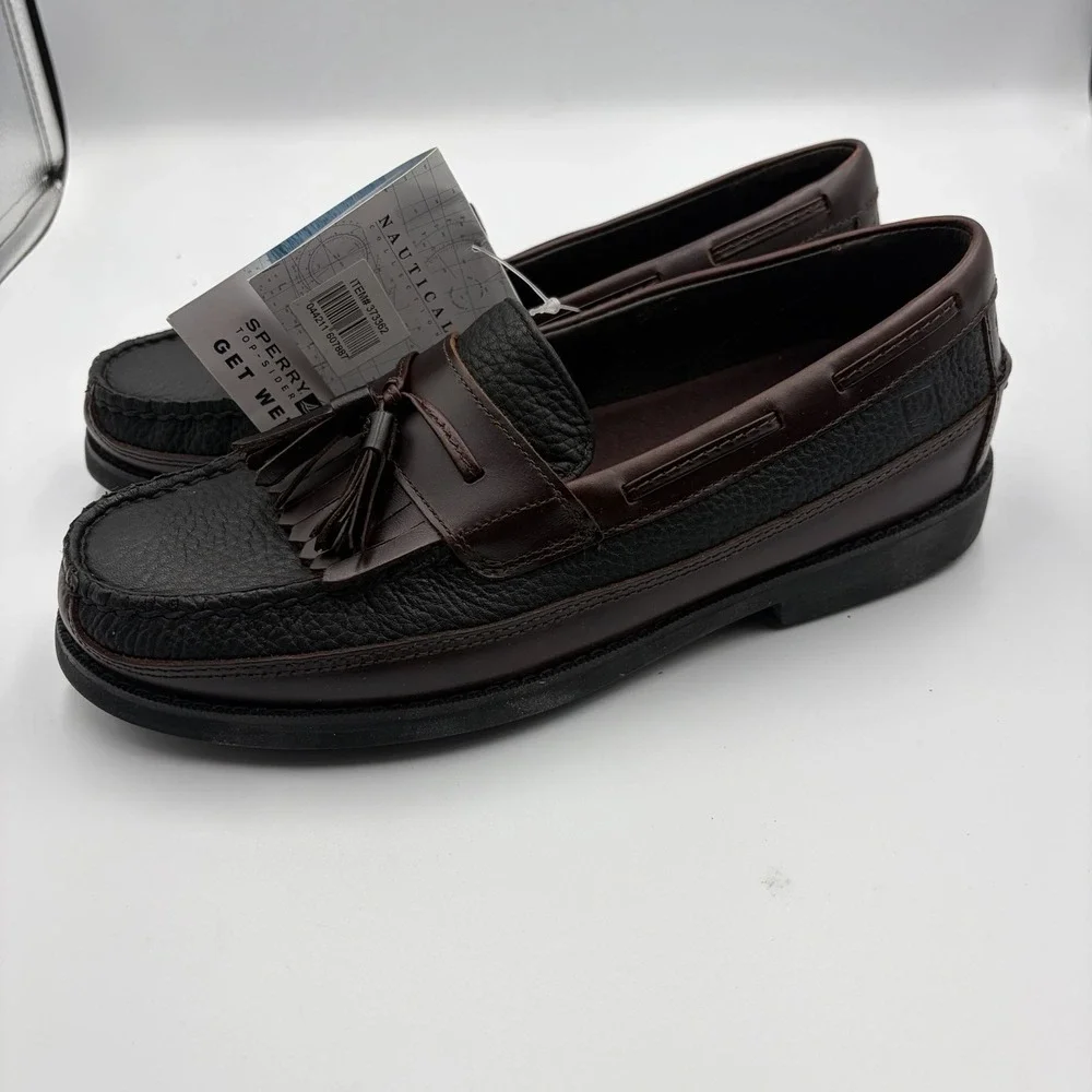 Sperry Seaport DBL KT Black Men's NEW Leather Slip-On Boat Shoes Brown US 9